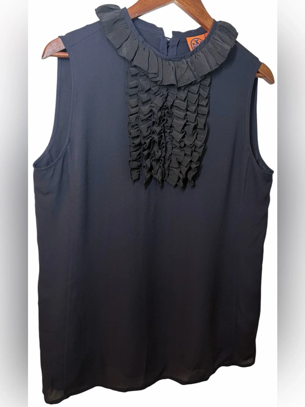 Tory Burch SILK Ruffled Bib Collar Sleeveless Blouse Top Navy Black Size 12